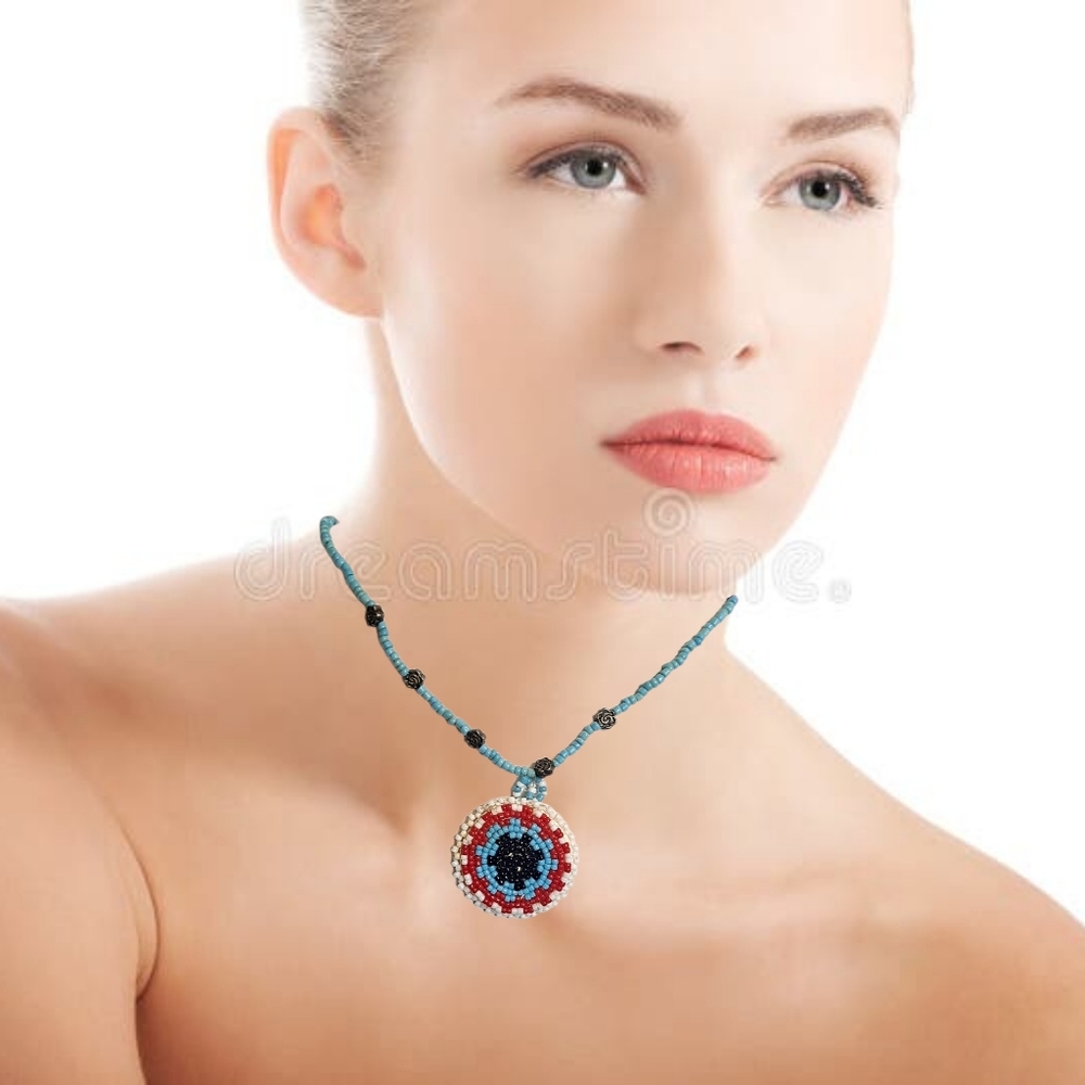 Handmade Beaded Necklace w/ Hand-Sewn Round Pendant | Boho Tribal
